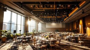 A Tokyo hotel ballroom being set up for a corporate event with stage lighting and elegant seating