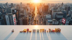 Tokyo cityscape at golden hour with product packaging arranged on a white surface in the foreground