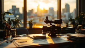 Tokyo production office at golden hour with cinema camera and storyboards on a desk, city skyline in background