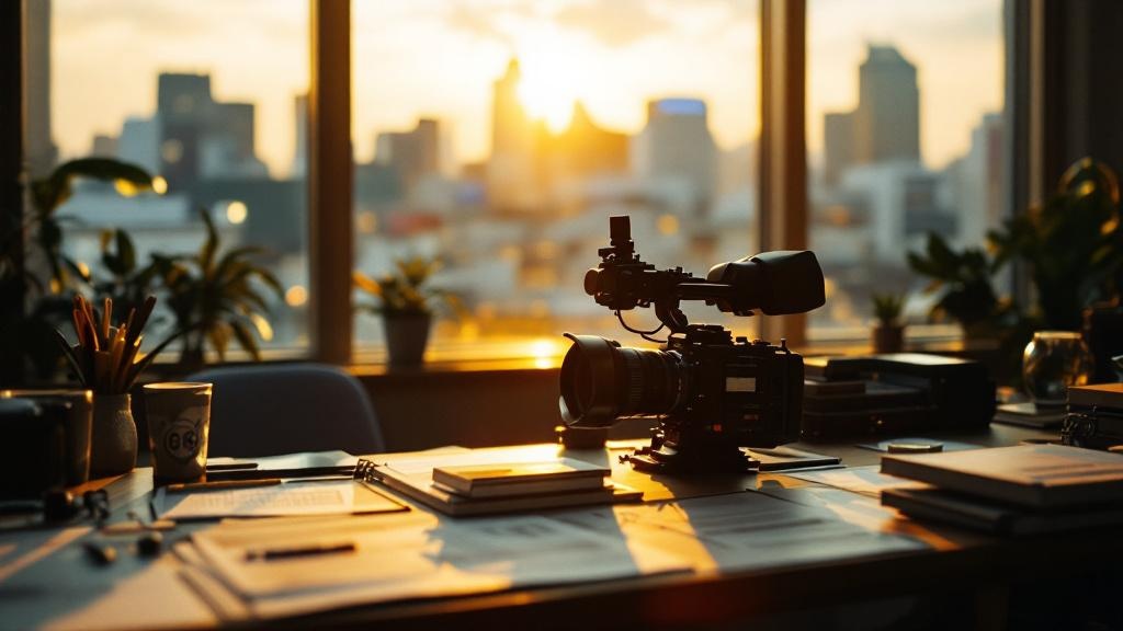 Tokyo production office at golden hour with cinema camera and storyboards on a desk, city skyline in background