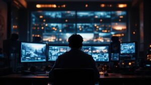 Over-shoulder view of a color grading suite in Tokyo with warm monitor glow and cool ambient lighting