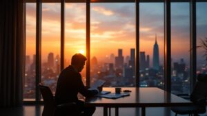 Silhouette of executive reviewing documents at desk overlooking Tokyo skyline at dusk