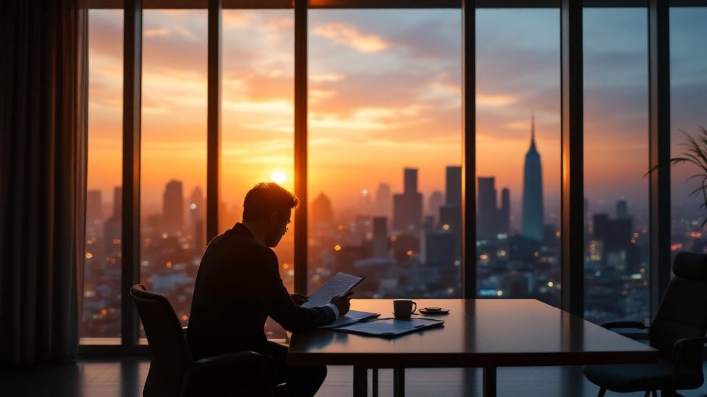 Silhouette of executive reviewing documents at desk overlooking Tokyo skyline at dusk