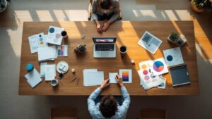 Overhead view of hands reviewing production documents on a wooden table in a Tokyo office