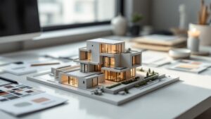 Scale architectural model on a desk surrounded by rendering samples and material swatches in soft window light