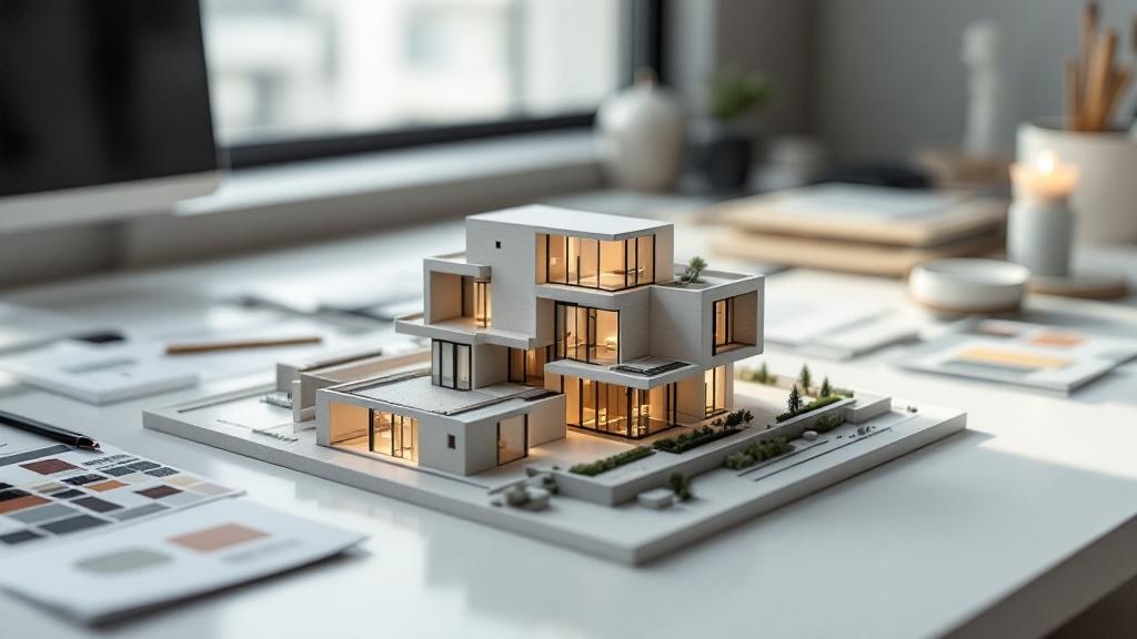 Scale architectural model on a desk surrounded by rendering samples and material swatches in soft window light