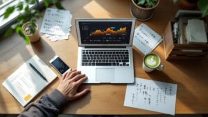 Overhead view of a minimalist Japanese desk with laptop showing blurred analytics and handwritten Japanese notes