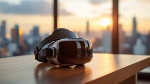 VR headset on a wooden desk with Tokyo skyline at golden hour