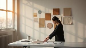 Sunlit Tokyo fashion atelier with fabric swatches and mood boards on a white wall