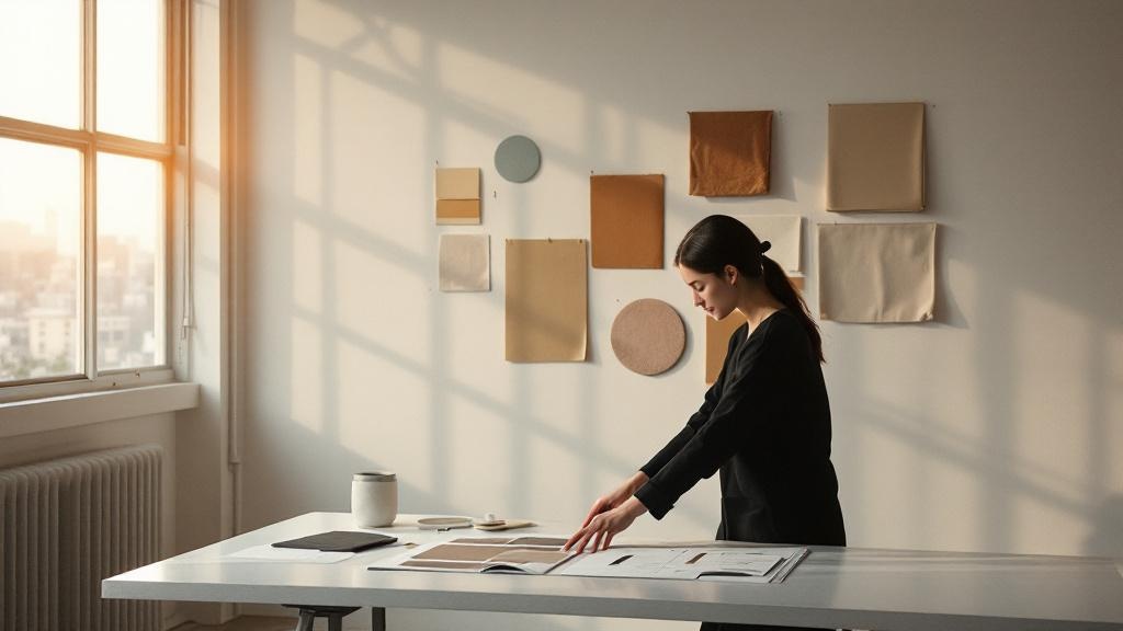 Sunlit Tokyo fashion atelier with fabric swatches and mood boards on a white wall