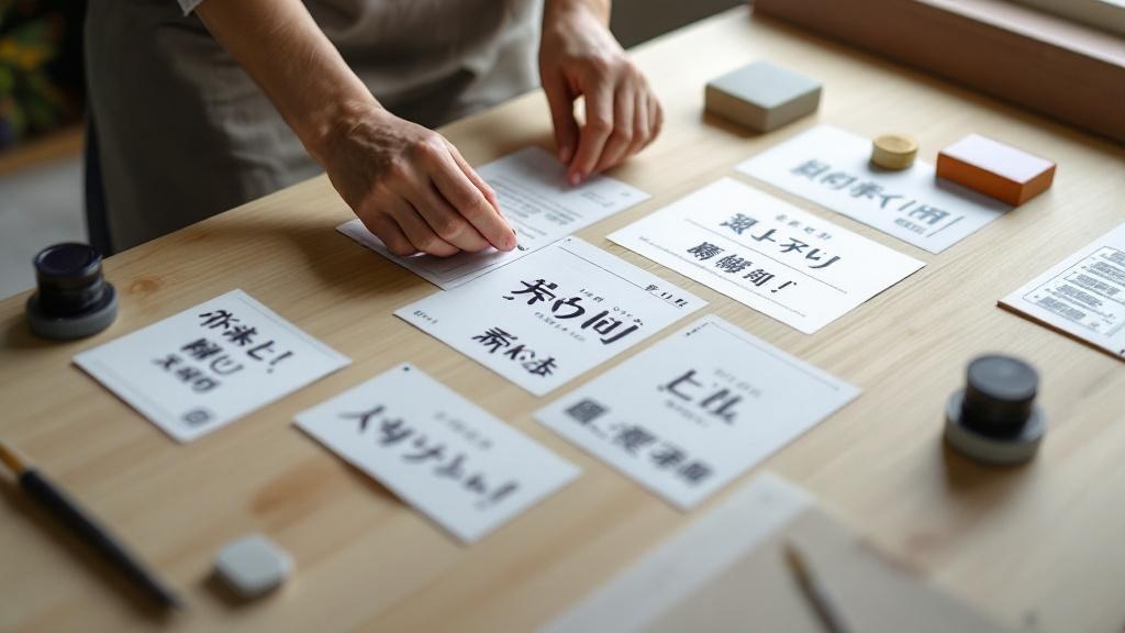 Hands arranging bilingual product packaging mockups and Japanese labels on a design studio table