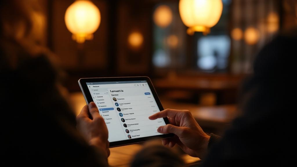 Over-the-shoulder view of a person reviewing a tablet in a traditional Japanese meeting space with warm lantern lighting