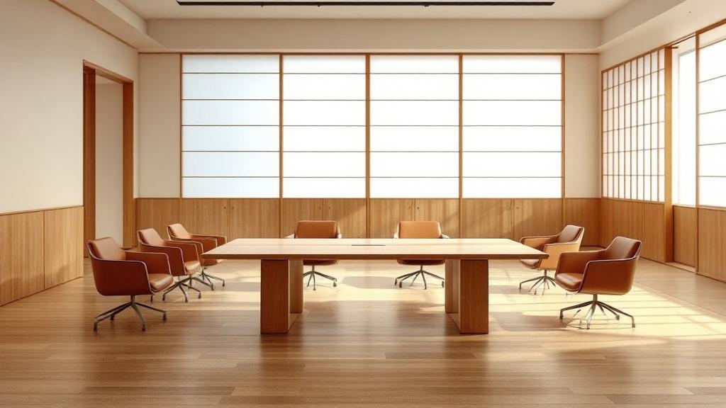 Empty modern Japanese boardroom with eight chairs around oak table in morning light