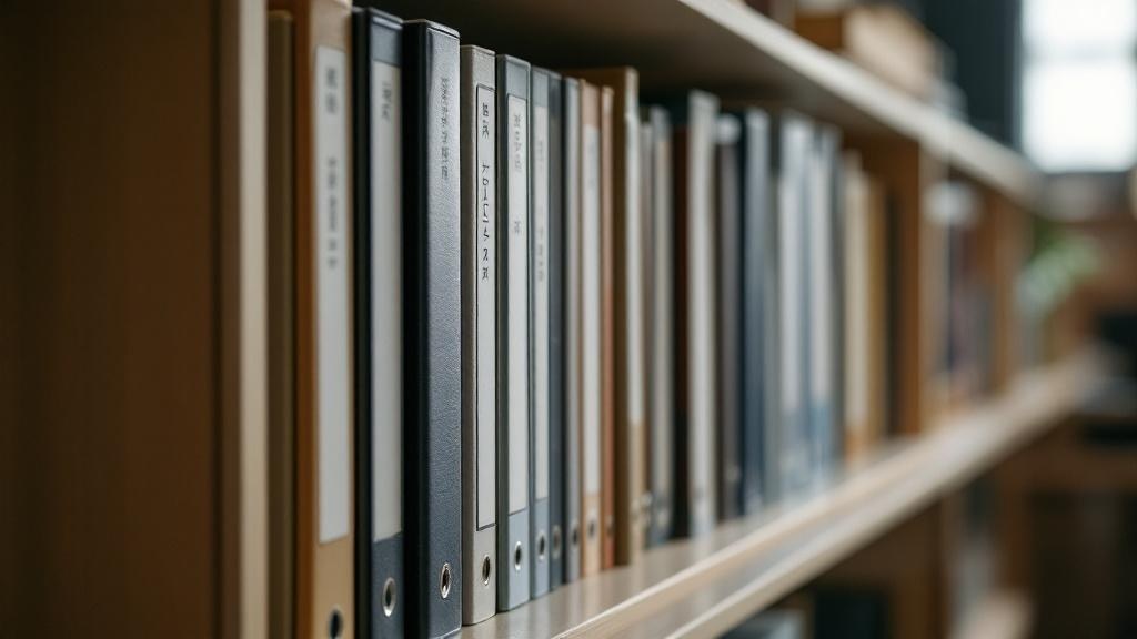 Neatly organized production binders on a shelf in a Japanese studio with soft natural light