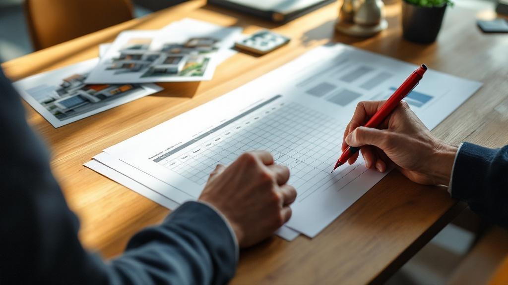 Hands marking a printed scoring matrix with architectural renderings spread on a wooden desk