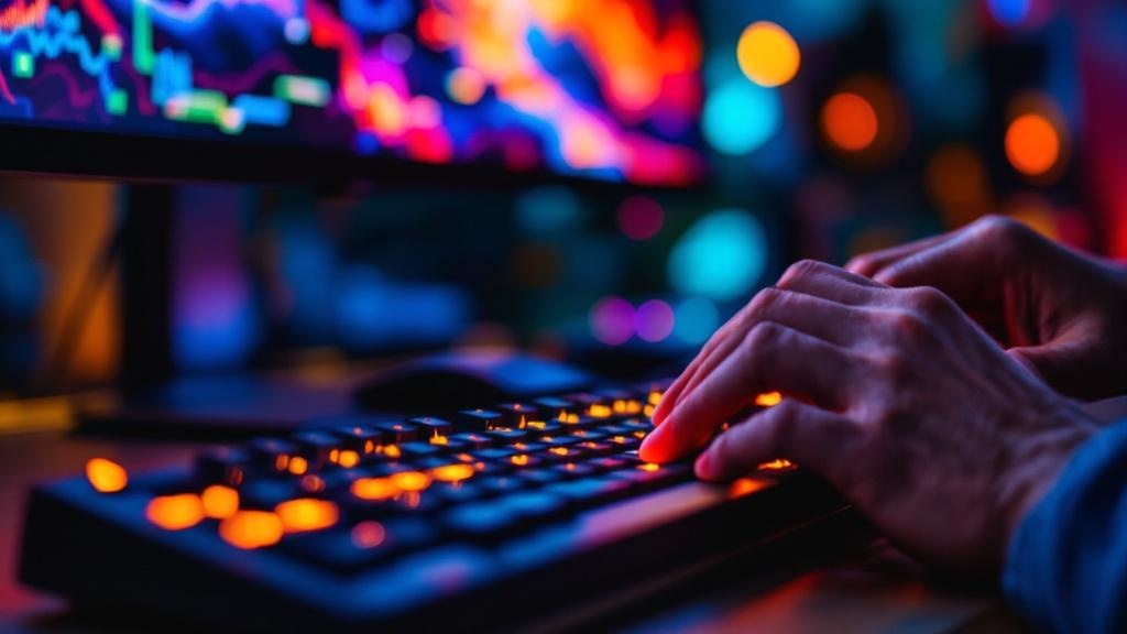 Close-up of hands typing on a Japanese kana keyboard with warm desk lighting and blurred heatmap on background monitor