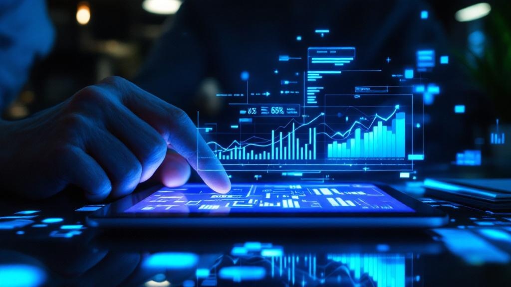 Hands reviewing glowing budget data on a tablet in a dim Tokyo office