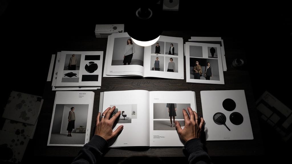 Designer's hands arranging lookbook spreads on a dark wood table in a Japanese studio