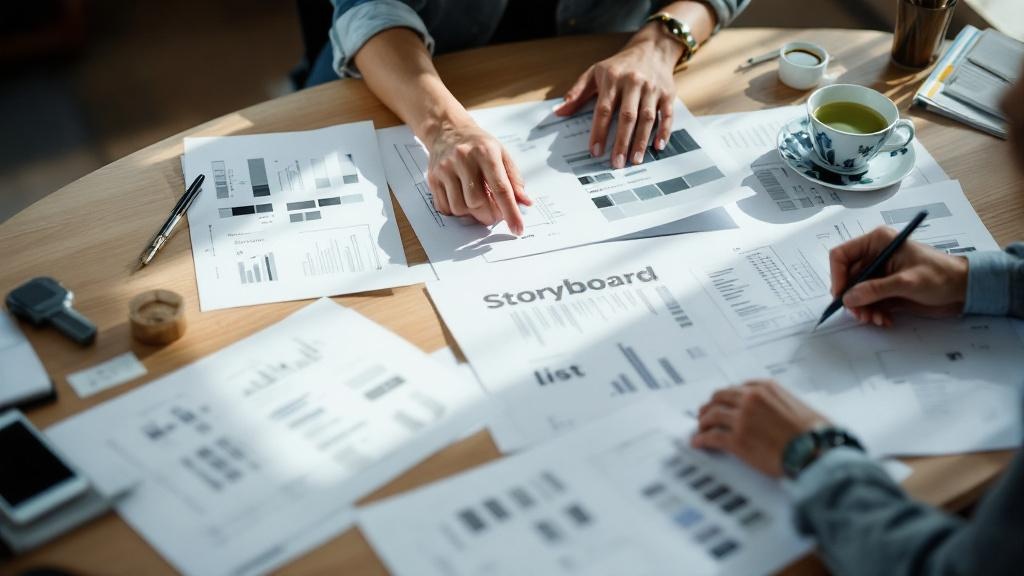 Video production company evaluation — Hands reviewing storyboards and production documents on a wooden table in a Japanese office