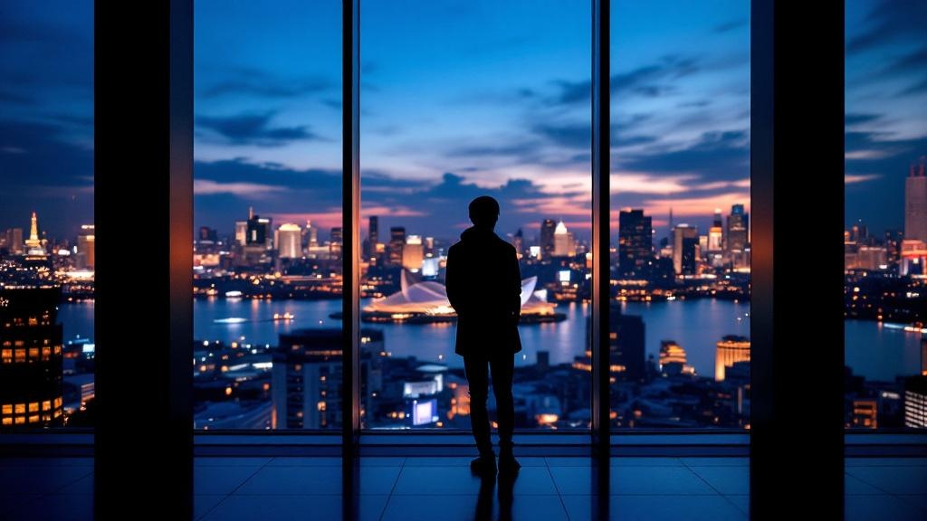 Silhouette overlooking Tokyo skyline from a modern event venue at blue hour