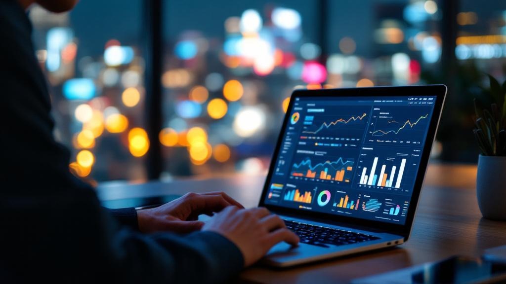 Over-the-shoulder view of blurred sales analytics dashboard on a laptop with Tokyo night cityscape in background
