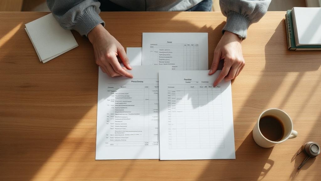 Hands arranging budget documents and a production schedule on a cedar desk with morning light and a tea cup