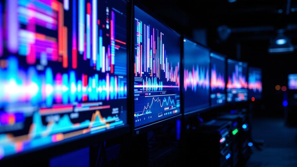 Row of broadcast reference monitors displaying abstract color patterns in a dark Japanese finishing suite