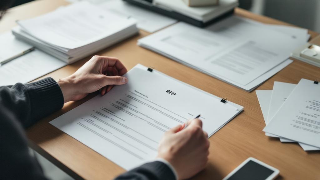 Hands organizing RFP documents and folders on minimalist wooden desk in Tokyo office