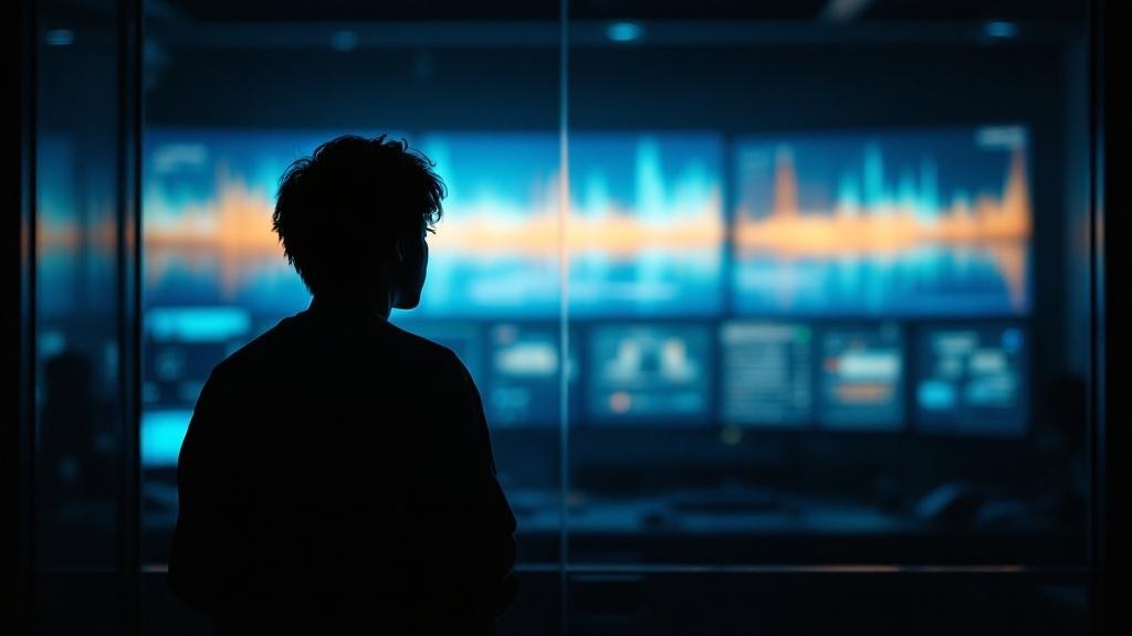 Silhouette looking into a Tokyo post-production suite through a glass partition