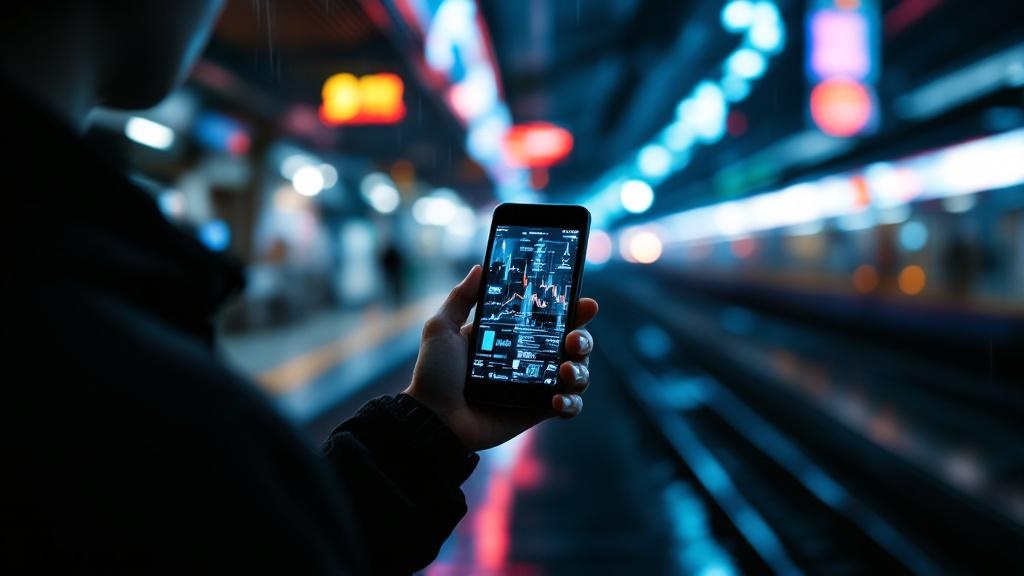 Silhouette holding smartphone on a rainy Tokyo train platform at night with blurred screen visuals