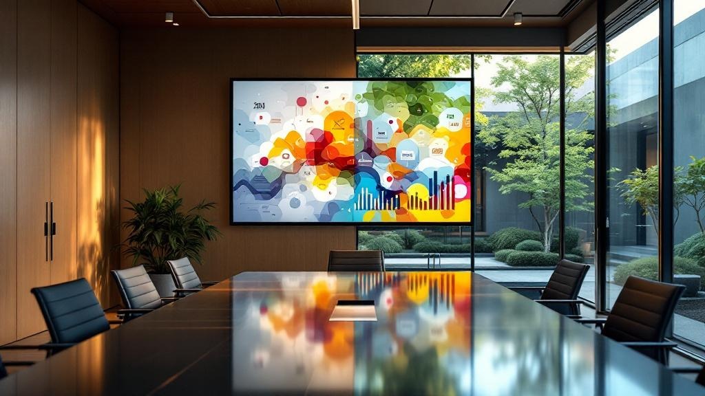 Japanese boardroom with presentation screen and zen garden view through glass wall