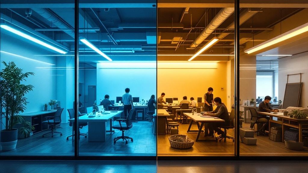 Glass partition dividing a modern Tokyo agency workspace and a traditional textile workshop