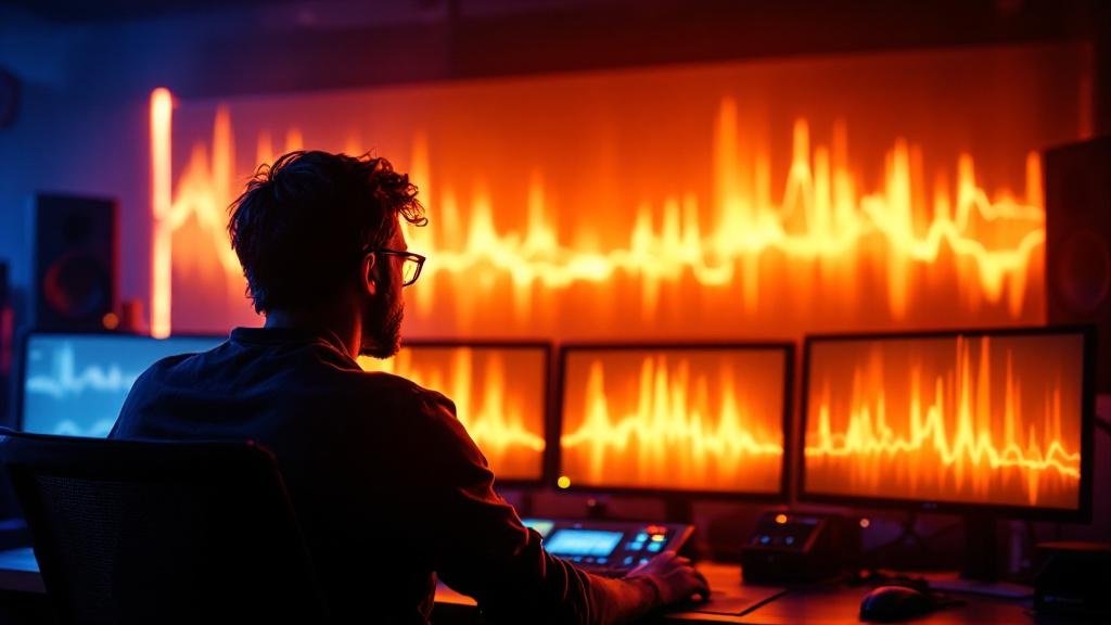 Over-the-shoulder view of a producer in a color grading suite with abstract waveforms on monitors