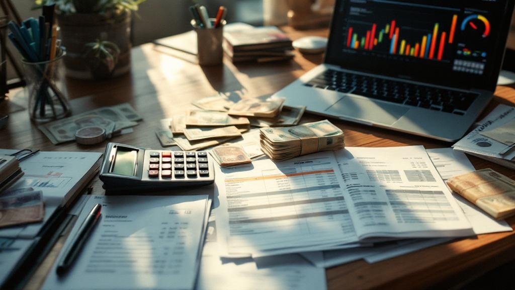 Overhead view of a Tokyo production office desk with budget documents, calculator, and yen currency