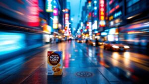 An unopened Western product box sitting on a wet Tokyo sidewalk at twilight with blurred neon lights in the background