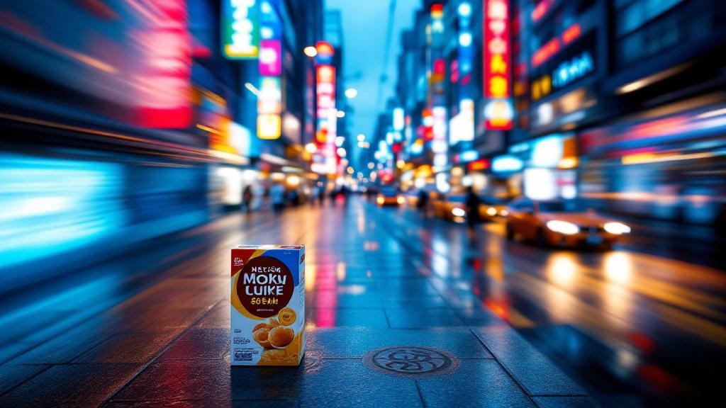 An unopened Western product box sitting on a wet Tokyo sidewalk at twilight with blurred neon lights in the background