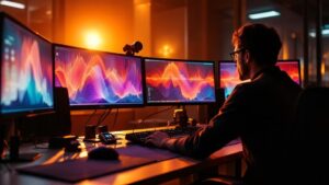 Silhouette of a video editor working at a color grading suite with multiple monitors in a Tokyo studio at golden hour