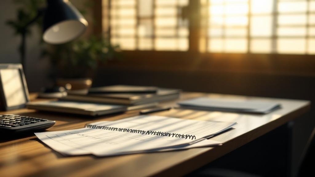 Ledger and calculator on a wooden desk in a quiet Tokyo university finance office lit by morning light