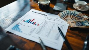 Production budget documents and Japanese yen on a dark wooden desk in a Tokyo office
