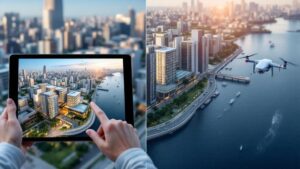 Three property visualization formats shown side by side: architectural rendering, virtual tour on tablet, and aerial drone view of Tokyo development