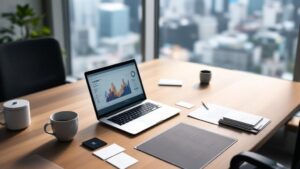 Overhead view of a Tokyo office desk with laptop, Japanese business cards, and tea cup bathed in morning light