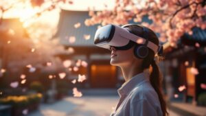 Person wearing a VR headset in a traditional Japanese temple courtyard with cherry blossoms at golden hour