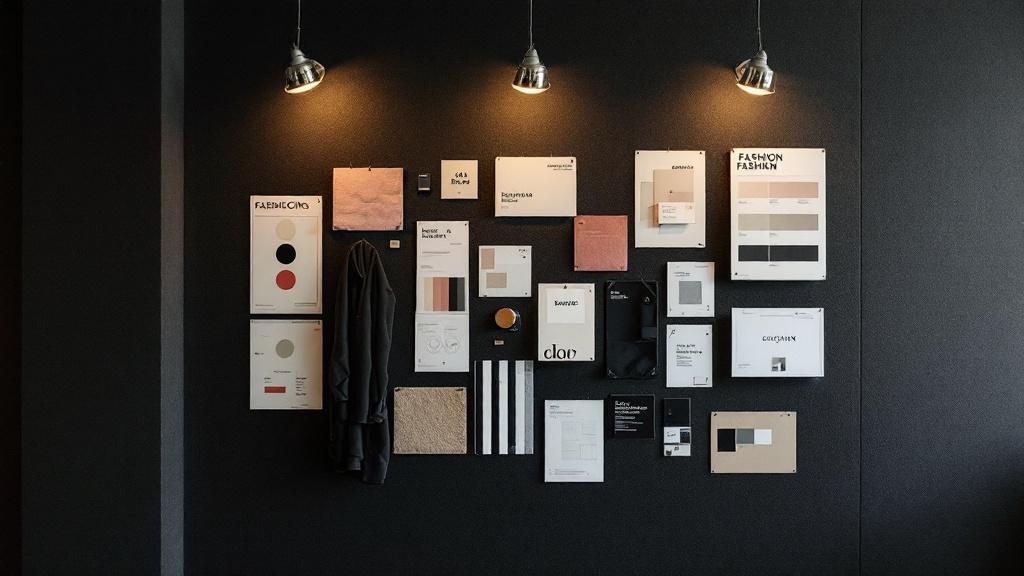Fashion mood board with fabric swatches and color palettes pinned to a dark wall in a minimalist design studio