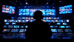 Darkened broadcast control room with glowing monitors and a silhouetted operator at a video switching console