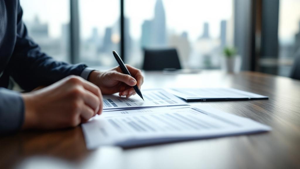 Hands reviewing cost comparison documents on a conference table with Tokyo cityscape in background