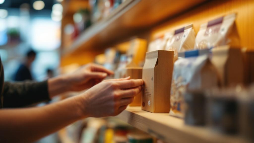 Hands carefully arranging premium Japanese product packaging on a minimal wooden retail shelf