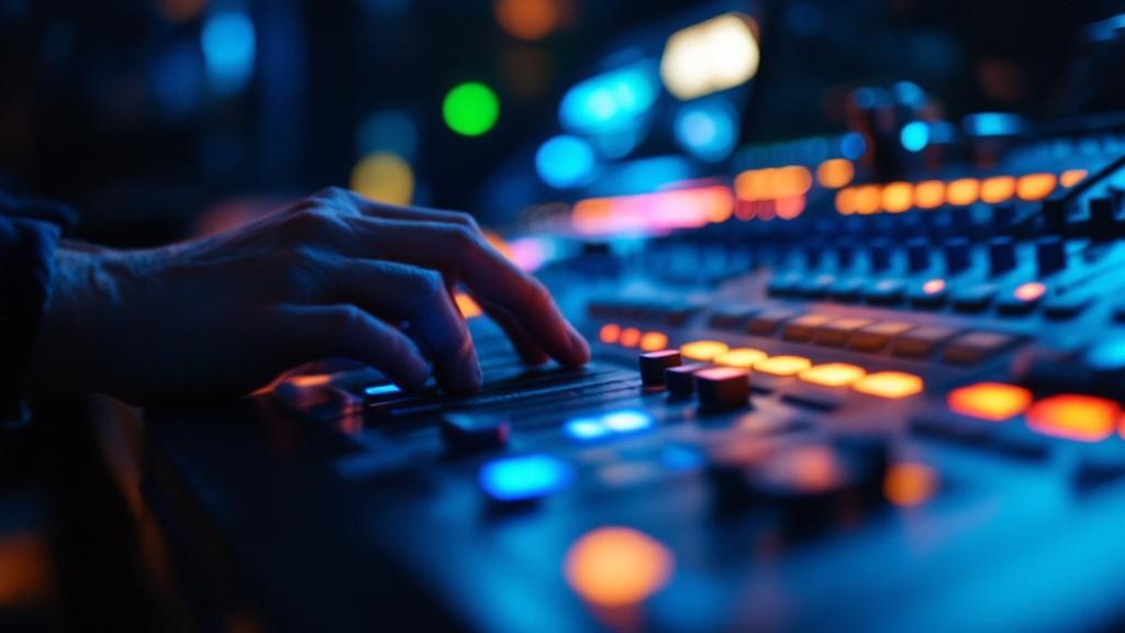 Close-up of hands adjusting faders on a professional audio mixing console with soft blue and amber lighting