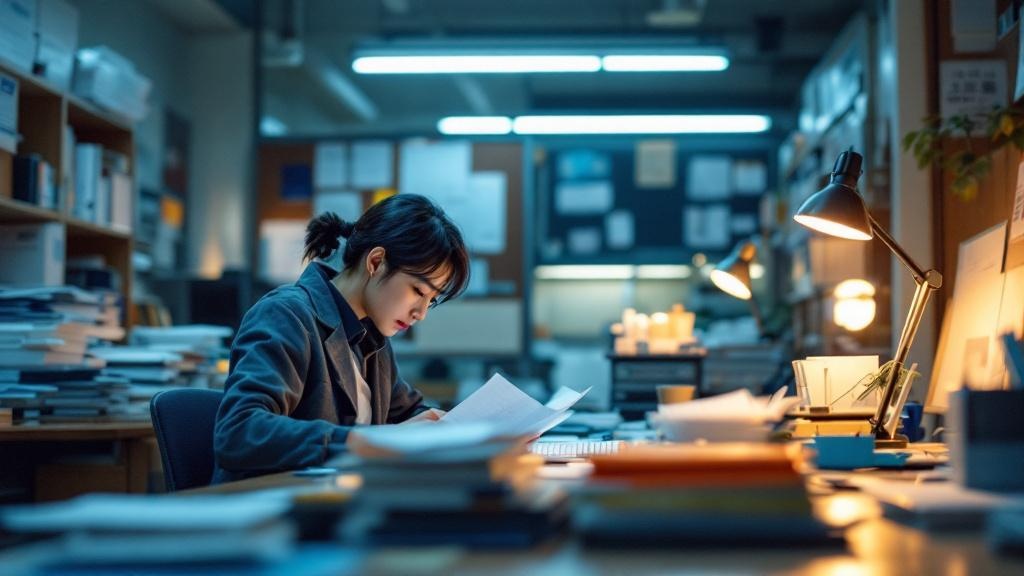 Over-shoulder view of a university exchange coordinator reviewing paperwork in a Japanese office