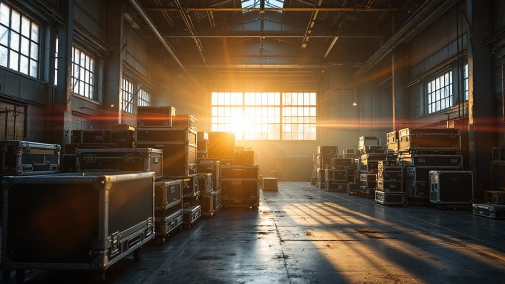 Film production equipment cases in a Japanese studio warehouse with golden hour light