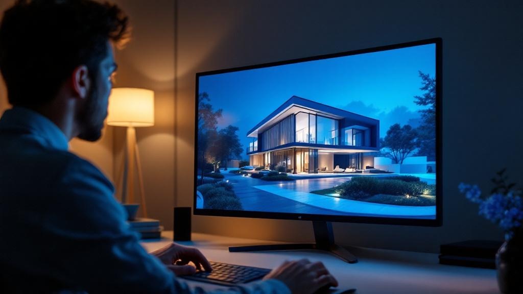 Over-the-shoulder view of someone reviewing a photorealistic 3D property rendering on a large monitor in a modern Tokyo office